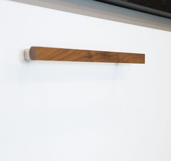 Solid wood drawer pull with stainless steel finished feet