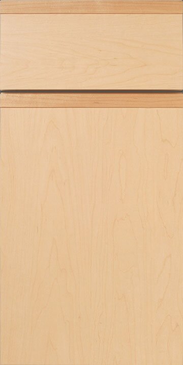 Melamine kitchen cabinet door with C-pull wood finger pulls