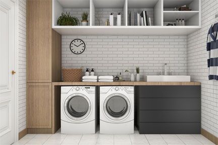 Laundry room with brick look peel and stick backsplash